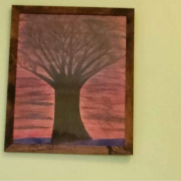 Hand Crafted Sunset Winter Tree Colored Pencil Drawing Framed 9x11" - Picture 10 of 14